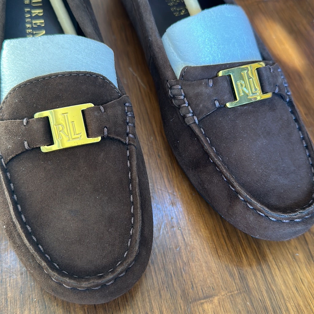 New Ralph Lauren Careigh Gold Logo Tag Chocolate Brown Suede Leather Flat Shoe 7